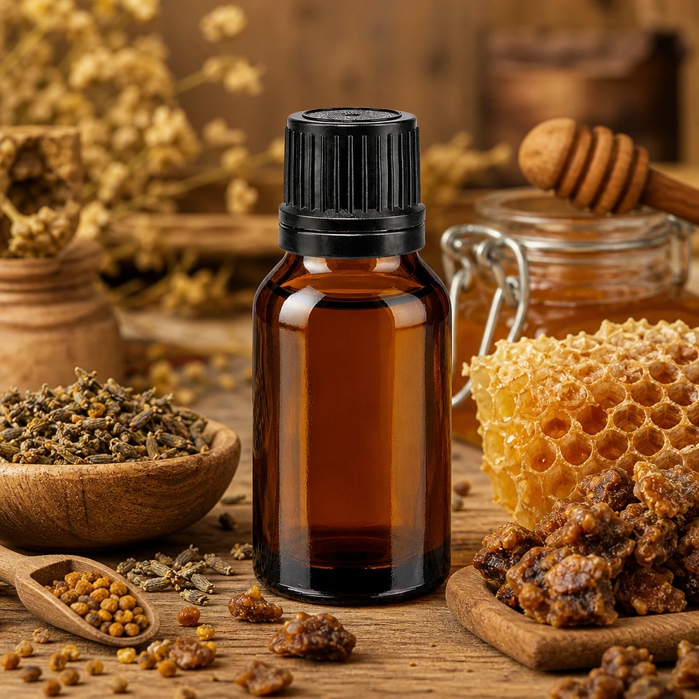 Frasco de farmacia marrón de 15 ml con tapón de rosca, entre el propóleo de panal y el polen de abeja