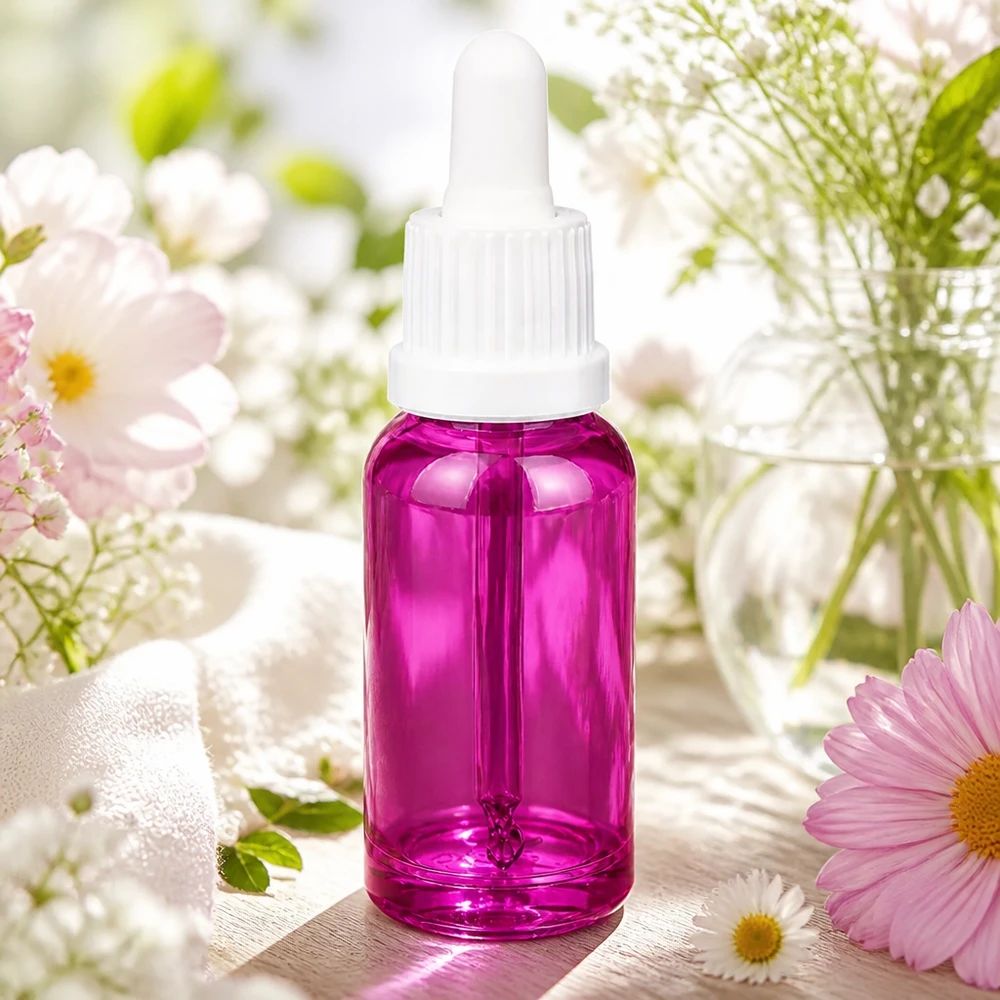 Frasco pipeta 20ml tapón rosca originalidad blanco PurpleLine UT18/20 Frasco de pipeta de alta calidad de 20 ml fabricado en vidrio de color morado brillante con tapón blanco