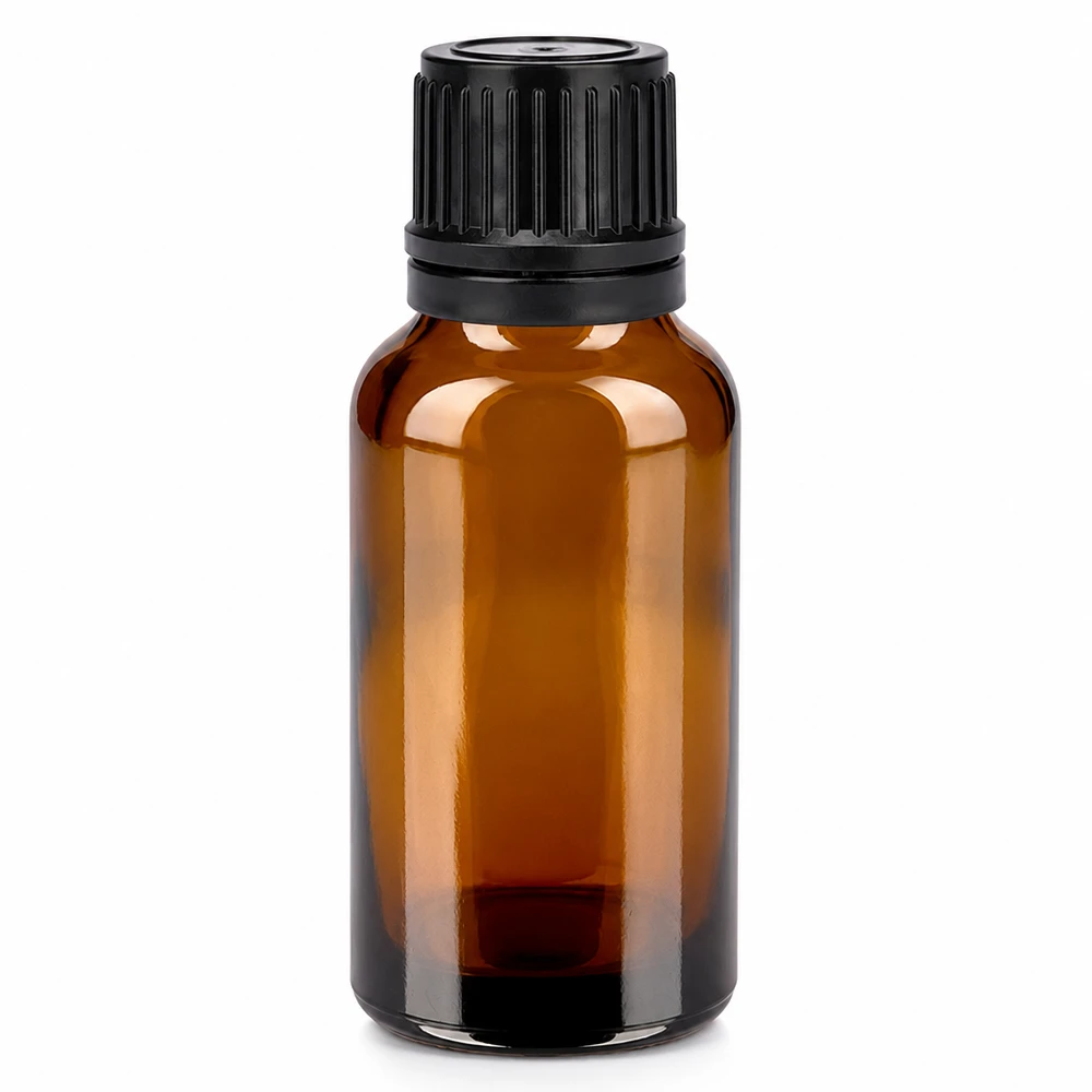 Botella 20ml tapón rosca 11mm negro cierre inviolable BrownLine UT18/20 Frasco de vidrio marrón de 20 ml con tapón de rosca negro para aceites esenciales y cosméticos