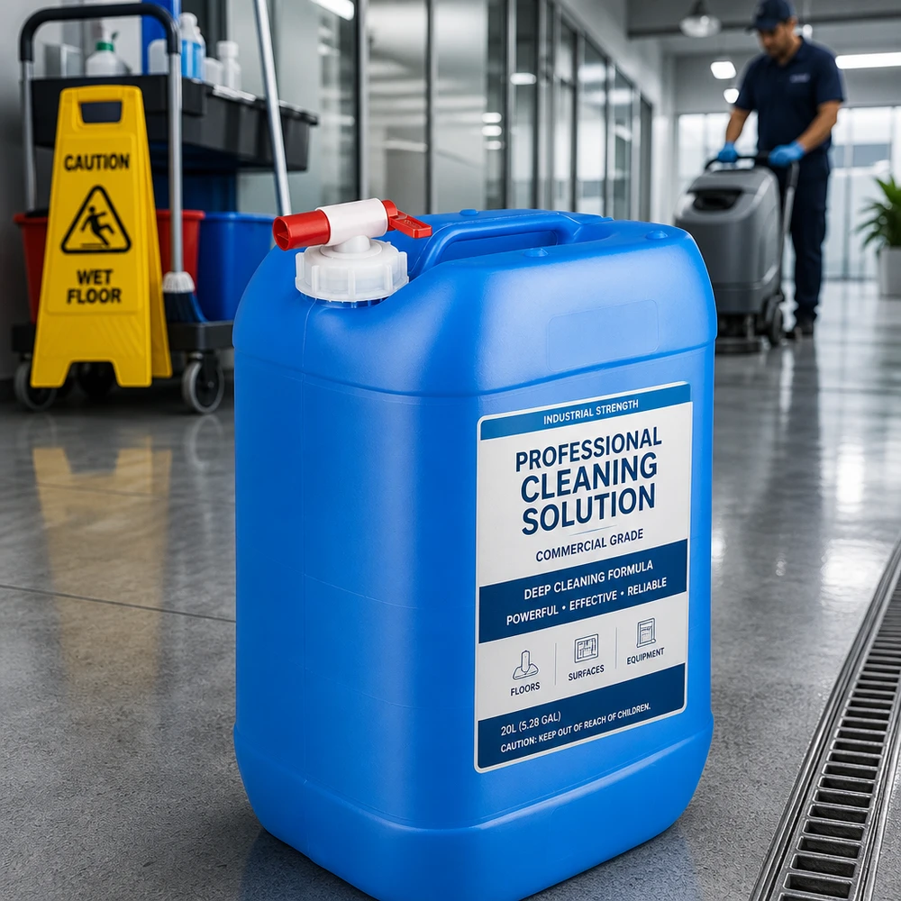 Bidón industrial de 25 litros de color azul para productos de limpieza, con grifo de salida, en el edificio de oficinas