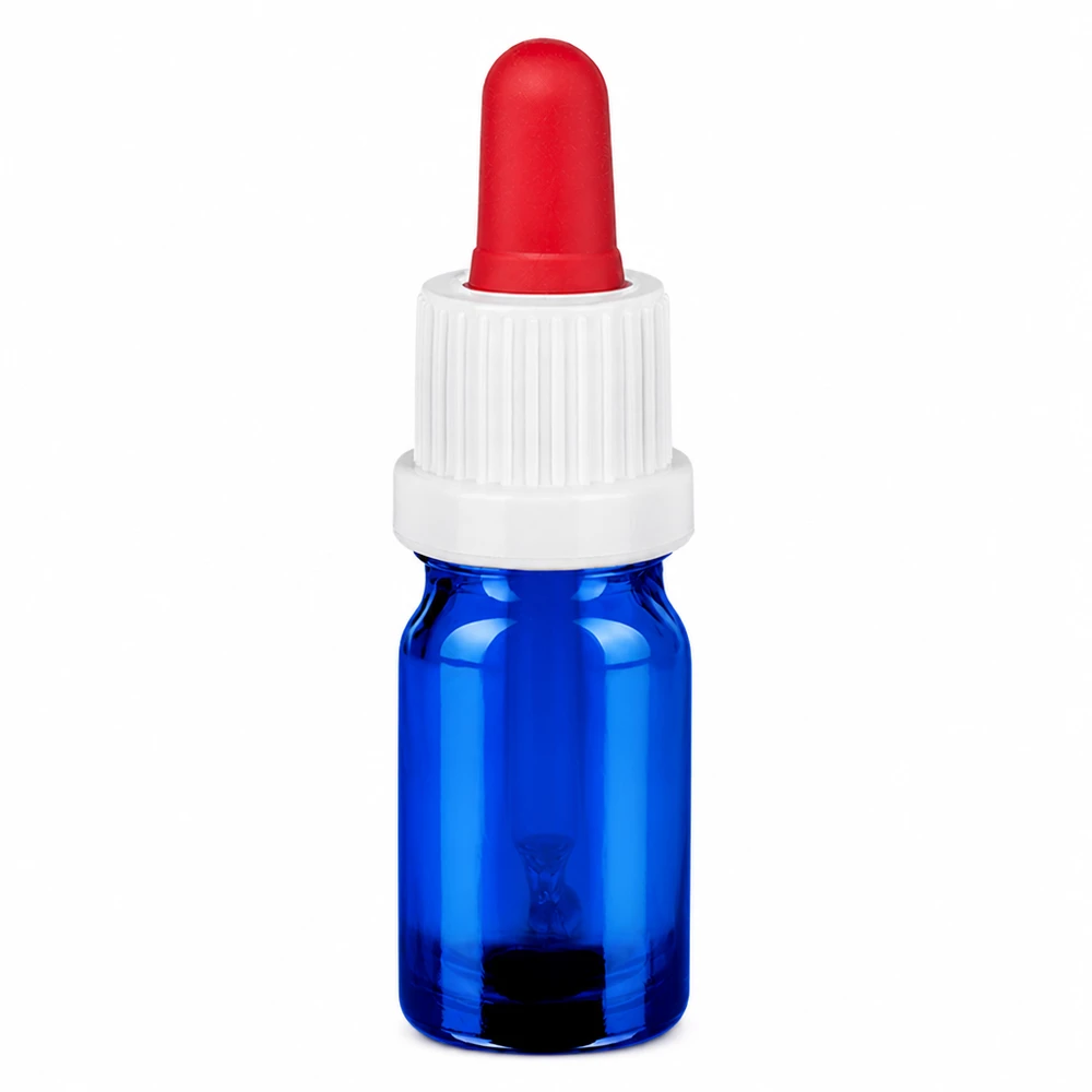 Frasco pipeta 5ml blanco/rojo cierre inviolable BlueLine UT18/5 Frasco pipeta de 5 ml de vidrio azul con tapón blanco y accesorio pipeta rojo para una dosificación precisa