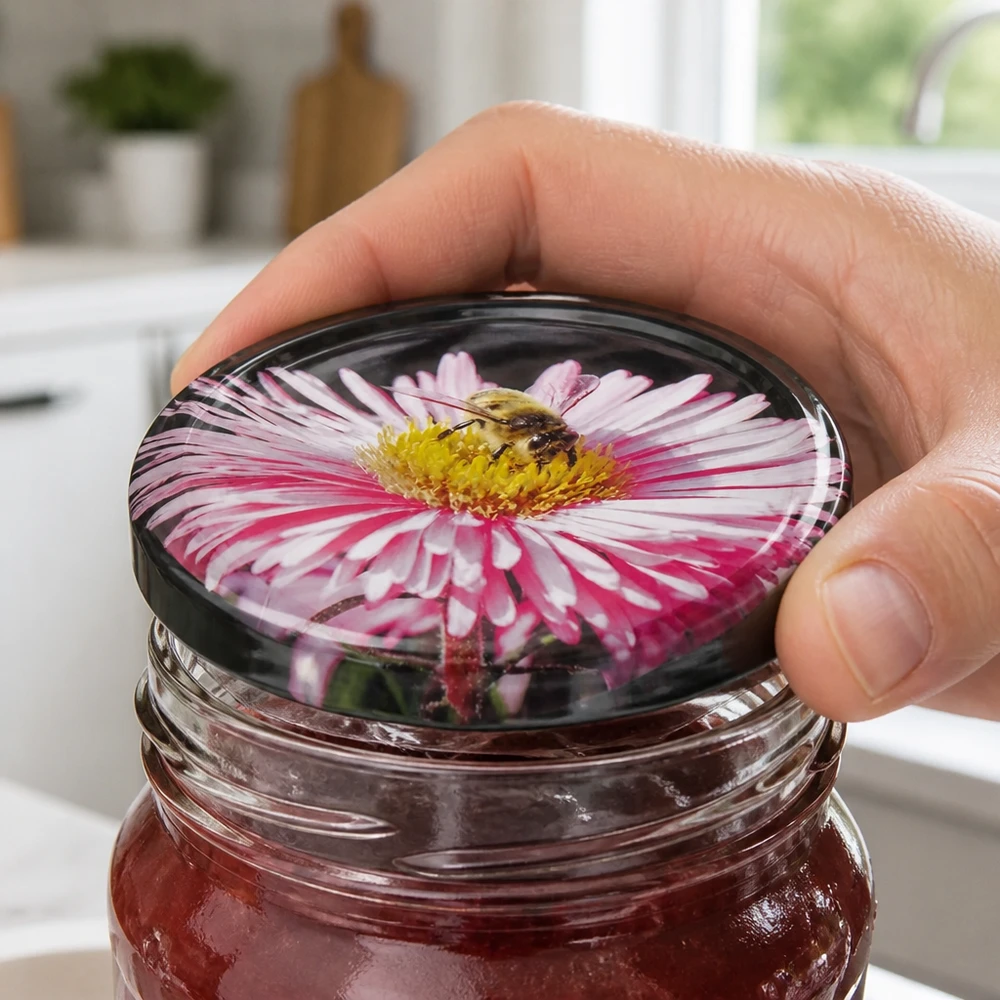 Tapa BasicSeal de 82 mm, modelo «Blüte» (TO82) UNiTWIST Una mano coloca una tapa BasicSeal de 82 mm, modelo «Blüte» TO82, sobre un tarro de conservas con mermelada roja en la cocina