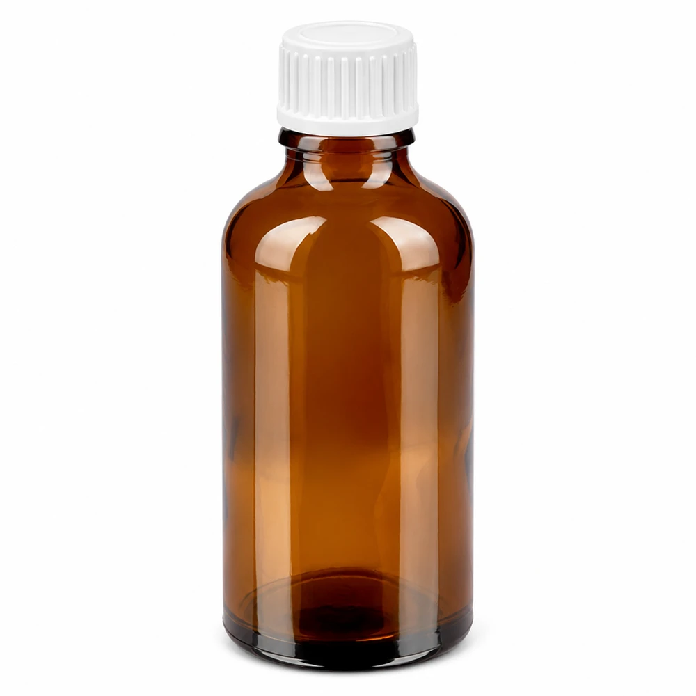 Frasco cuentagotas de 50 ml con cierre estándar blanco de 0,9 mm BrownLine UT18/50 Frasco cuentagotas de cristal ámbar de 50 ml con tapón blanco e inserto cuentagotas de 0,9 mm para una dosificación precisa