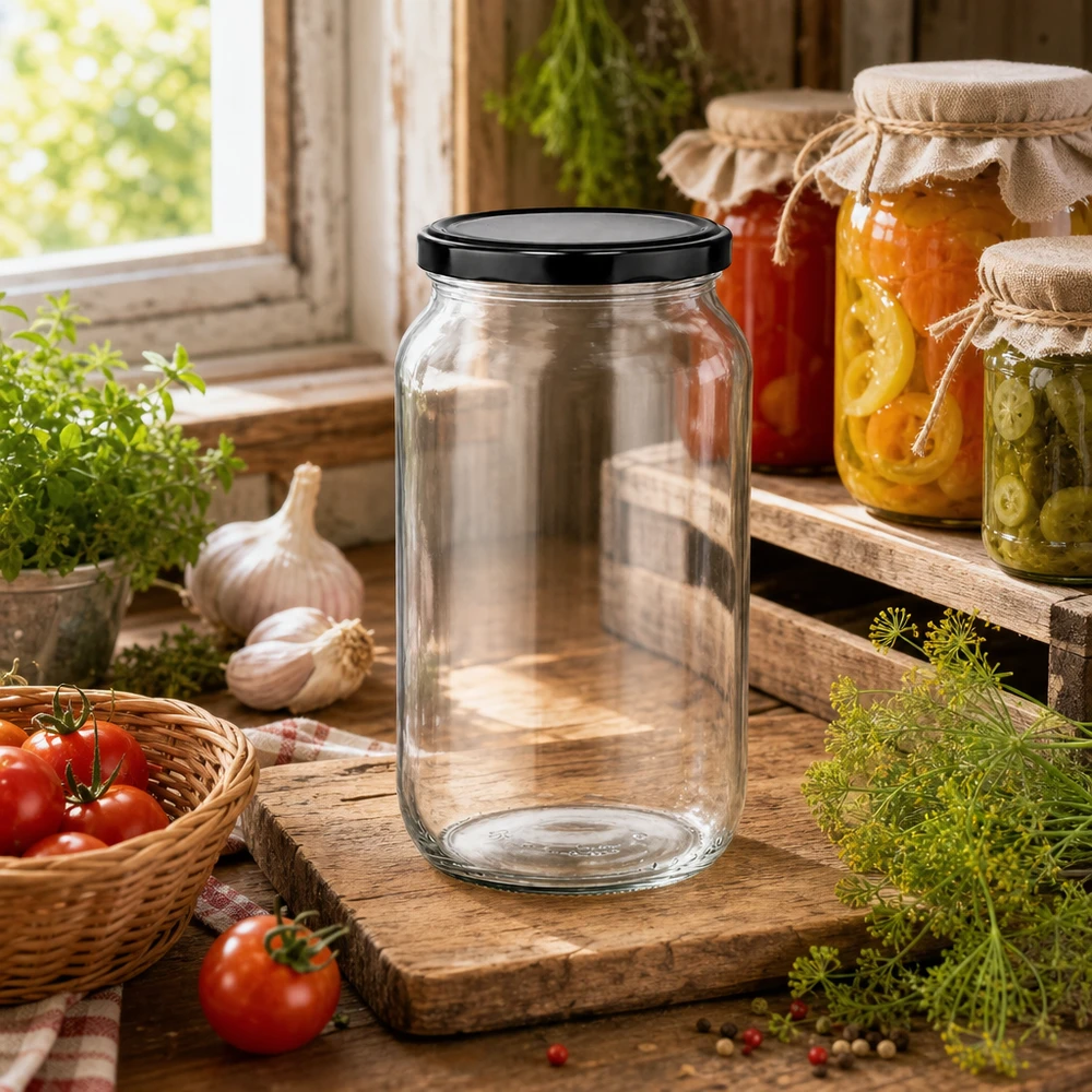 Tarro redondo de 1062 ml con tapa BasicSeal en diseño de cocina rústica - tarro de conserva versátil para mermelada y conservas