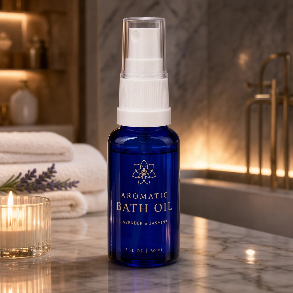 Frasco de cristal azul de 20 ml con pulverizador en un lujoso cuarto de baño con mármol y luz de velas