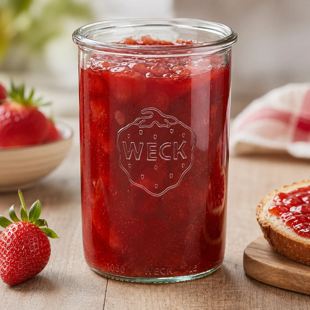 Tarro de cristal de 1000 ml WECK RR100 Tarro RR100 WECK de 1000 ml lleno de mermelada de fresa sobre una mesa de madera con fresas frescas y pan