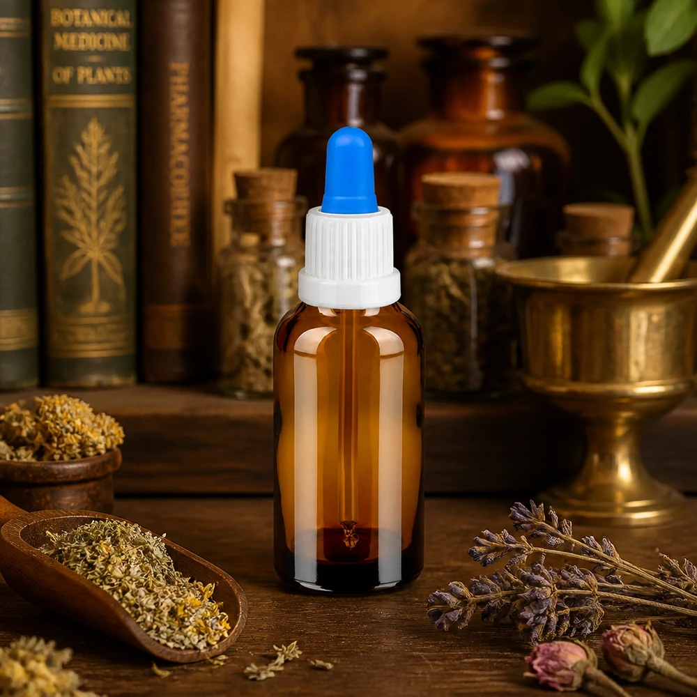 Frasco pipeta 30ml blanco/azul cierre inviolable BrownLine UT18/30 Frasco pipeta de 30 ml en vidrio ámbar - Protección UV para extractos naturales y remedios homeopáticos