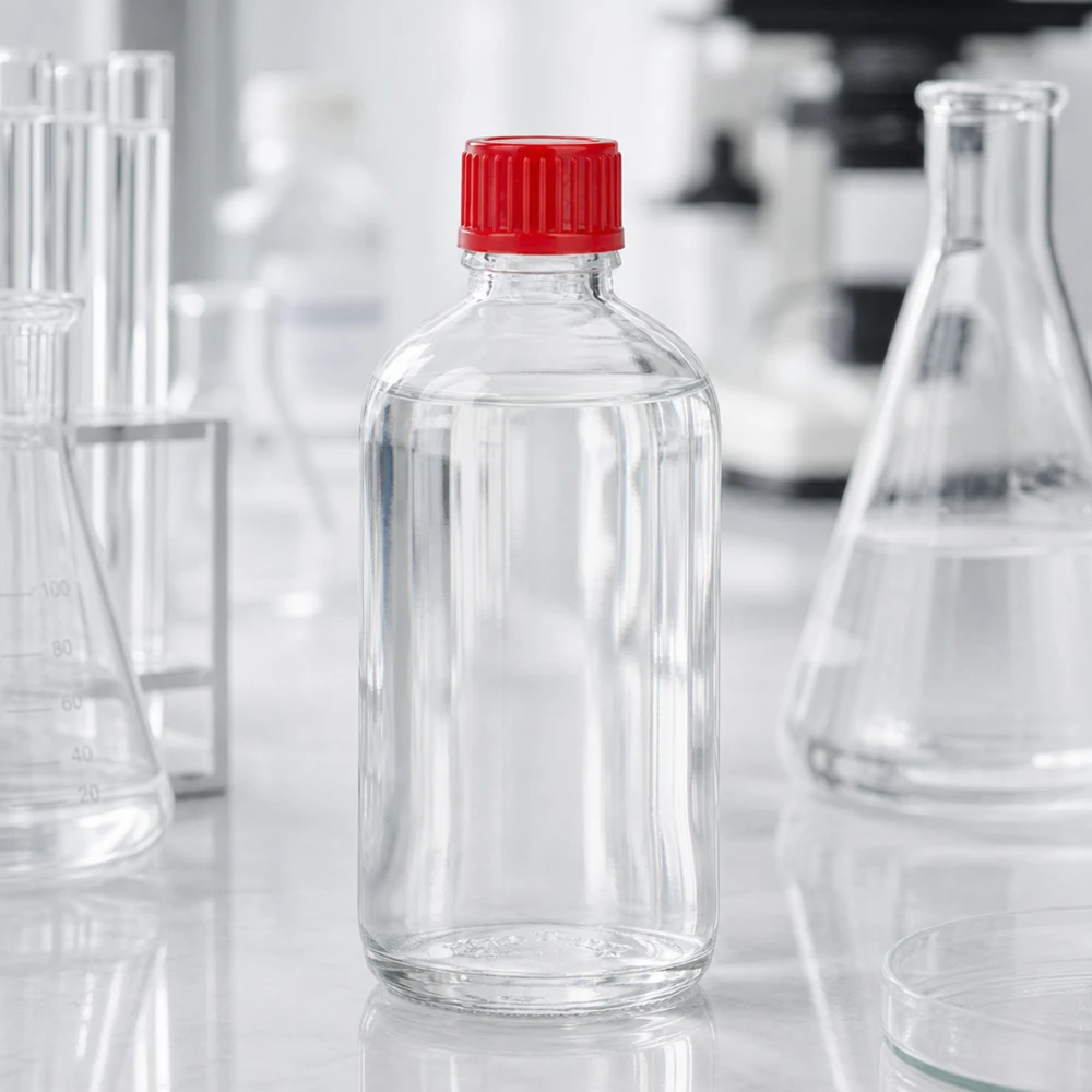 Botella 100ml 11mm tapón rosca rojo estándar ClearLine UT18/100 Botella de laboratorio ClearLine UT18/100 de 100 ml, de cristal transparente con tapón estándar rojo de 11 mm, sobre una encimera blanca