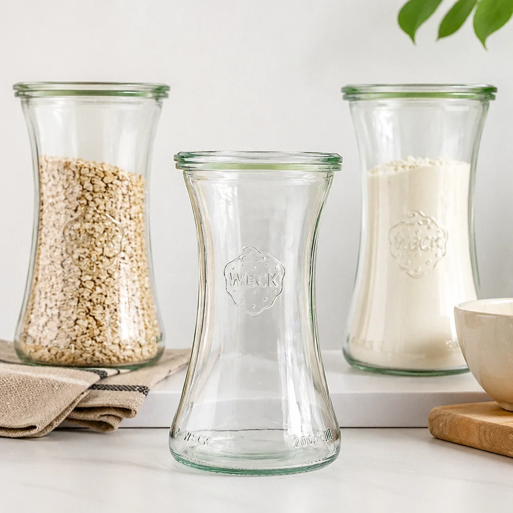 WECK RR60 tarro 200ml en ambiente cocina con tarros llenos y decoración natural sobre encimera blanca