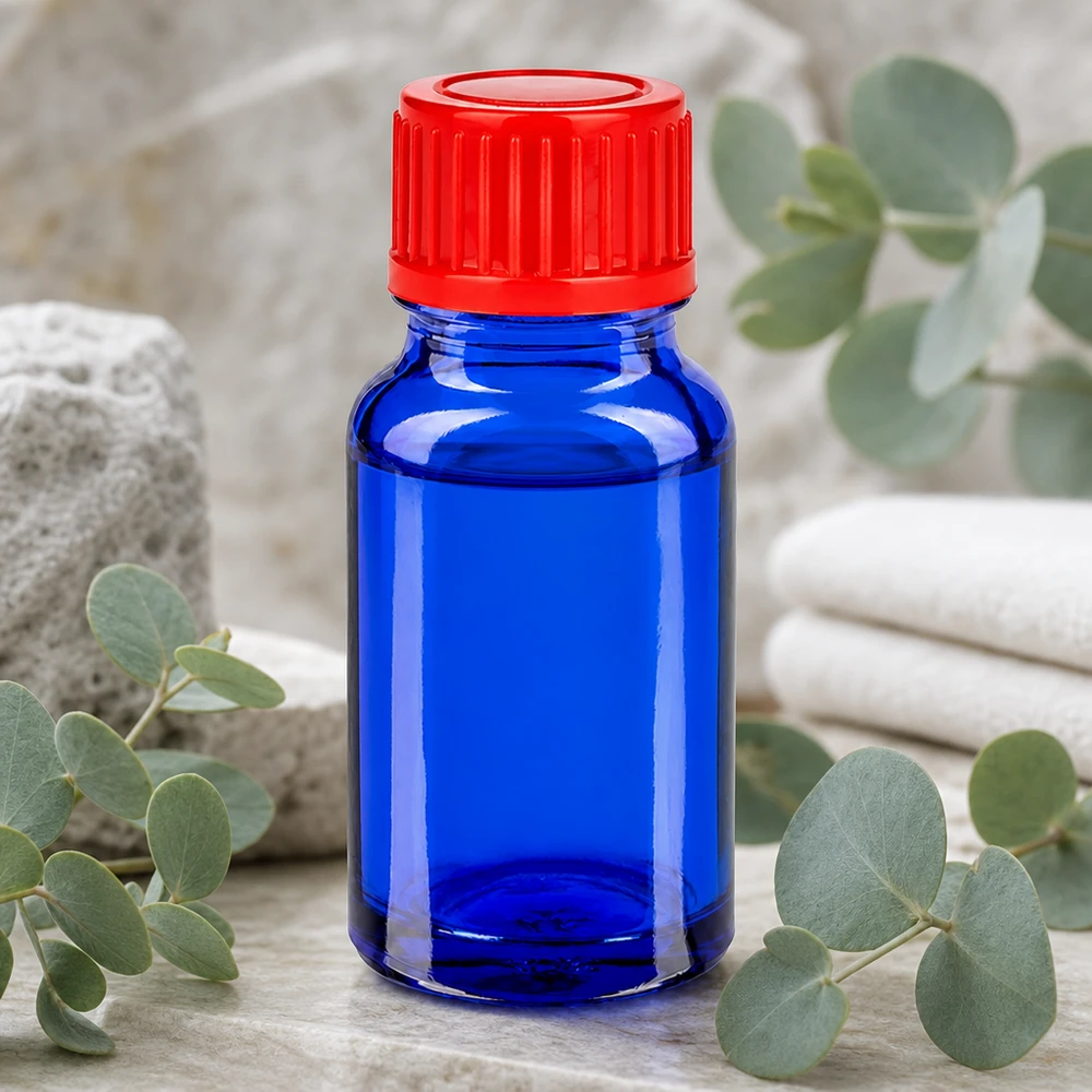 Frasco de laboratorio compacto de 10 ml de vidrio azul con tapón de rosca ergonómico para una dosificación precisa