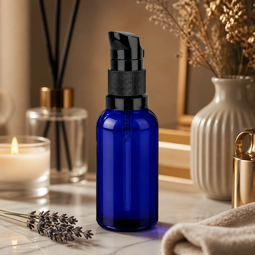 Frasco bomba 30ml negro tapón estándar BlueLine UT18/30 Elegante frasco dosificador de 30 ml con dispensador negro mate para una rutina de cuidado de la piel de lujo