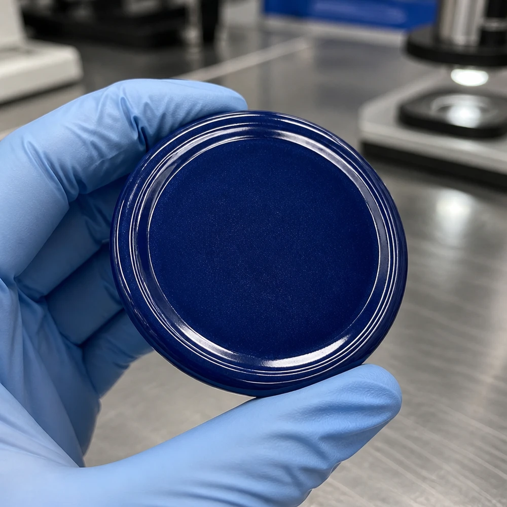 Tapa BasicSeal de 82 mm, azul (TO82) UNiTWIST Primer plano de una tapa BasicSeal TO82 azul de 82 mm, con superficie metálica y estructura acanalada UNiTWIST