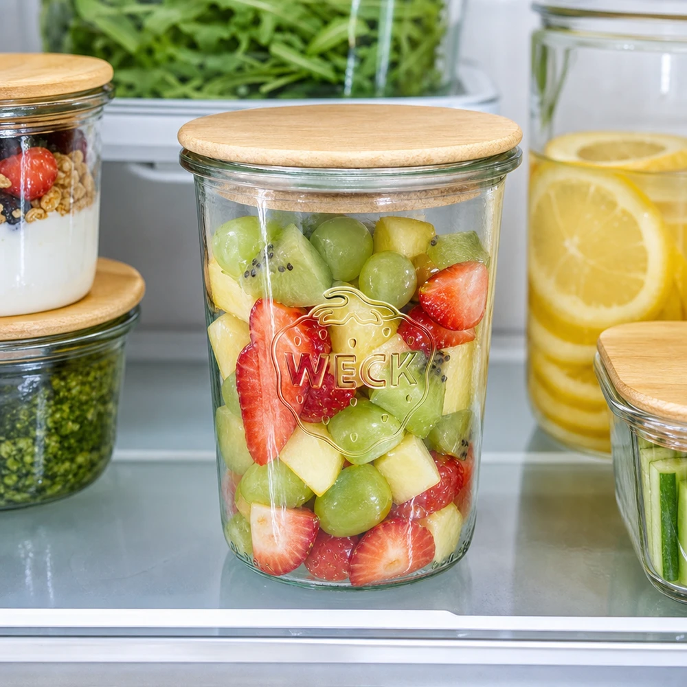 Vasos WECK RR100 850ml con tapa de madera WECK Sturzglas 850ml RR100 Holzdeckel Kühlschrank Obstsalat Meal Prep frische Früchte Kiwi Erdbeeren Aufbewahrung