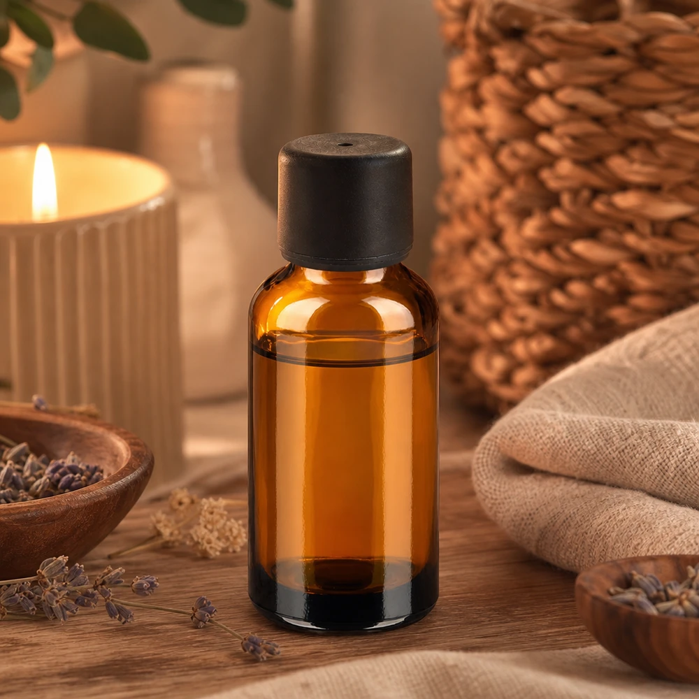 Frasco de vidrio compacto de 30 ml en tonos marrones con tapón negro para cosméticos y sueros DIY