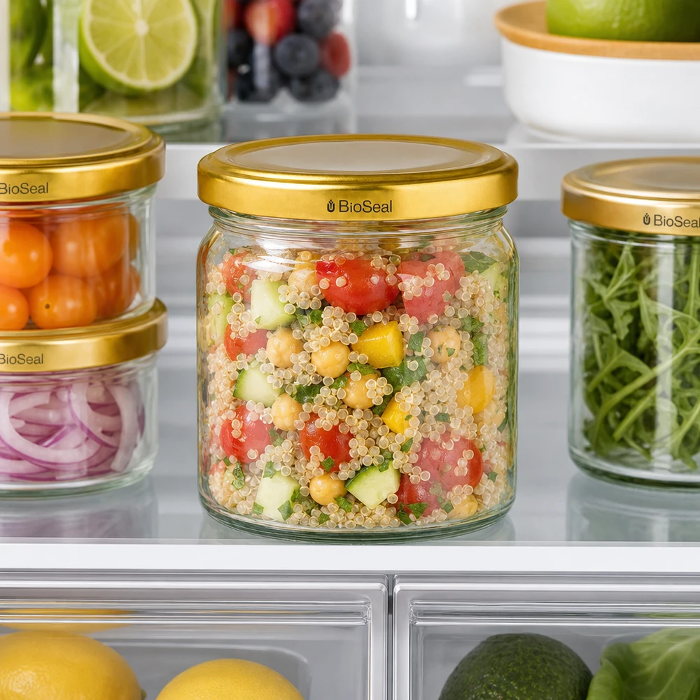 Tarro redondo de 408ml con tapa dorada UNiTWIST BioSeal UNiTWIST Runda408 Vorratsgläser mit goldenen TO82 BioSeal Deckeln im Kühlschrank - praktische Aufbewahrung von Salat
