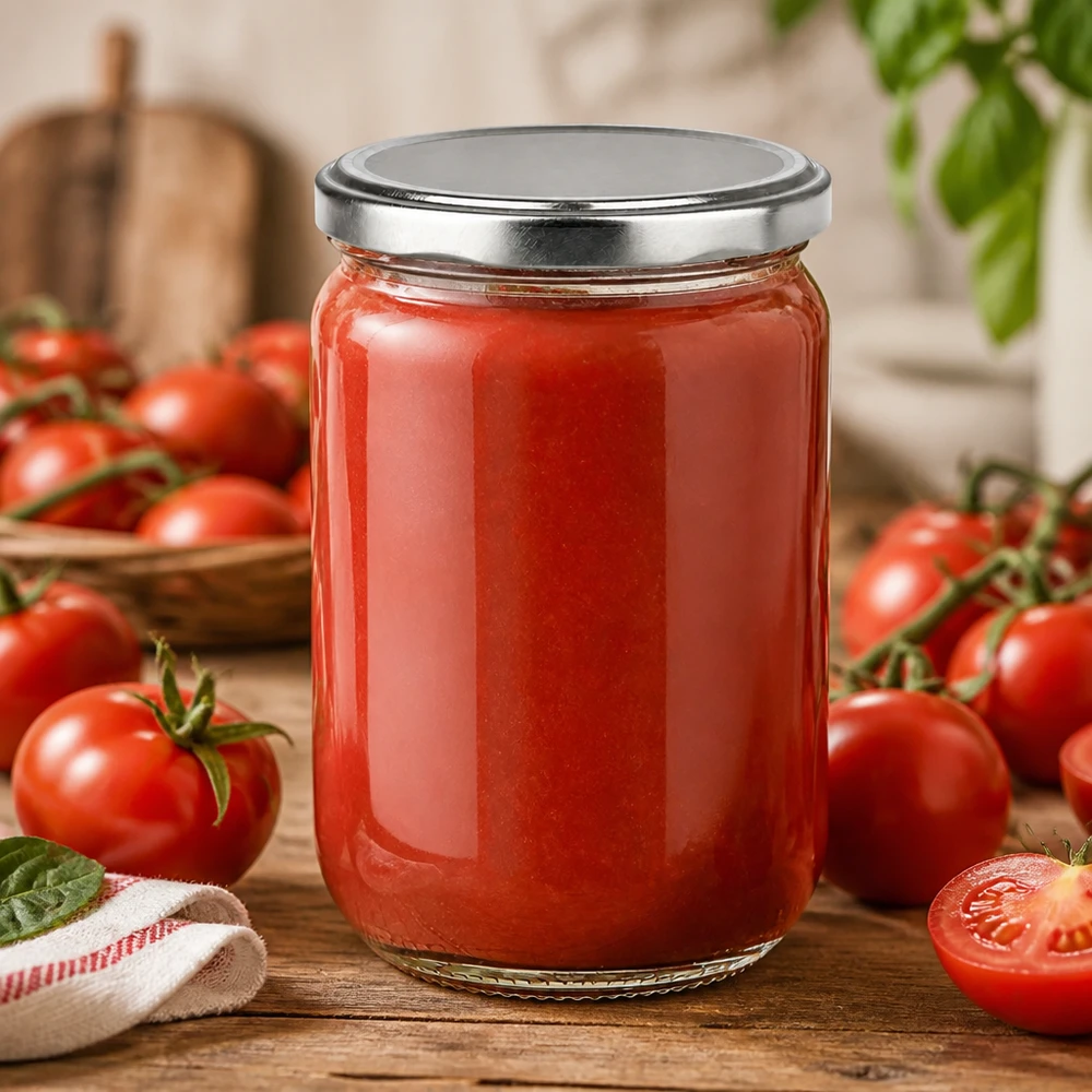 Tarro redondo de cristal de 555 ml + tapa BasicSeal plateada UNiTWIST Frasco redondo de cristal UNiTWIST de 555 ml, lleno de salsa de tomate roja y con tapa BasicSeal plateada