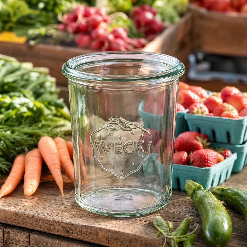Tarro de conserva de 160ml WECK RR60 Vasos de cristal transparente WECK de 160 ml RR60 sobre una mesa de madera rodeada de fruta y verdura fresca