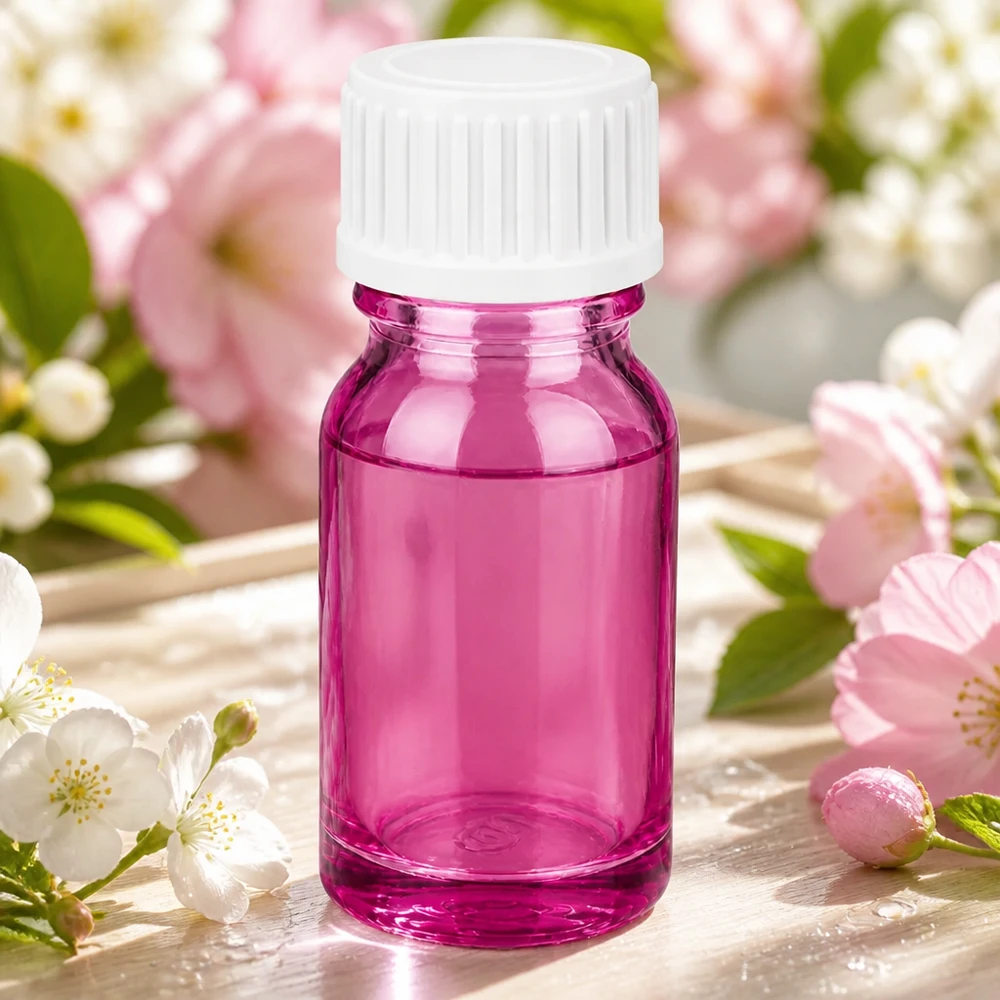 Frasco de 10 ml (glóbulo). Anillo vertedor de 3 mm blanco estándar PurpleLine. UT18/10 Frasco de vidrio de 10 ml en púrpura transparente con tapón mate para cosméticos DIY