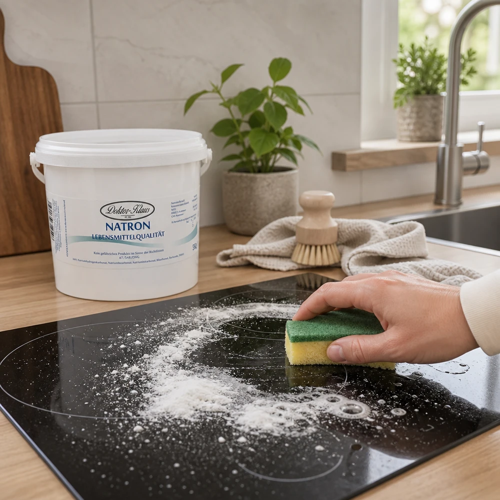Natron Doctor Klaus Cubo de 5 kg para limpieza de vitrocerámica con esponja en cocina moderna