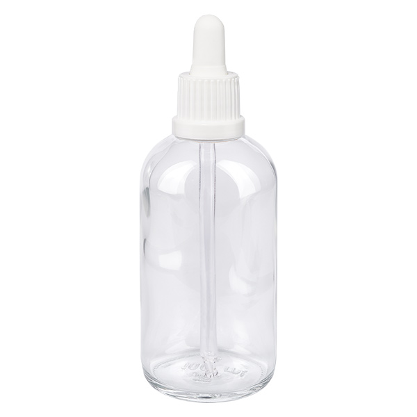 Frasco pipeta 100ml cierre inviolable blanco ClearLine UT18/100 Frasco con pipeta ClearLine de 100 ml, de cristal transparente con gotero blanco