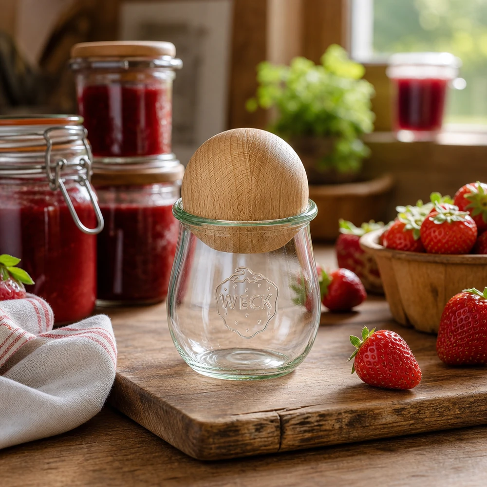WECK tarro tulipán RR60 220ml en cocina rústica con fresas y tarros de mermelada, detalle de la tapa de bola de haya