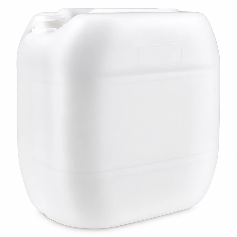 Bidón de plástico blanco de 30 litros sin tapón, fabricado en HDPE, con una forma rectangular resistente