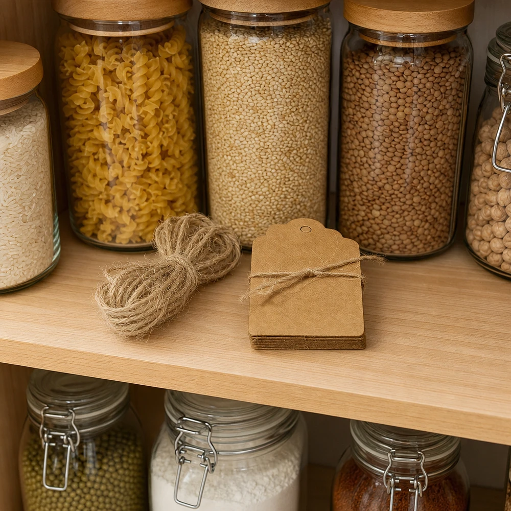 Colgantes de 30 x 50 mm con cordón (paquete(s) de 10 unidades) Cocina organizada con tarros de almacenaje y etiquetas de papel kraft marrón de 30x50 mm para etiquetar los tarros de almacenaje