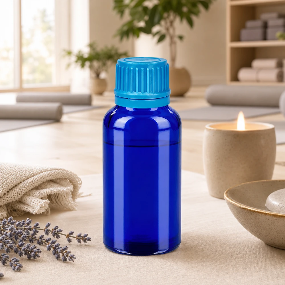 Botella 30ml tapón rosca 11mm azul cierre inviolable BlueLine UT18/30 Práctico frasco de 30 ml con tapón de seguridad para aplicaciones cosméticas y de bienestar de bricolaje