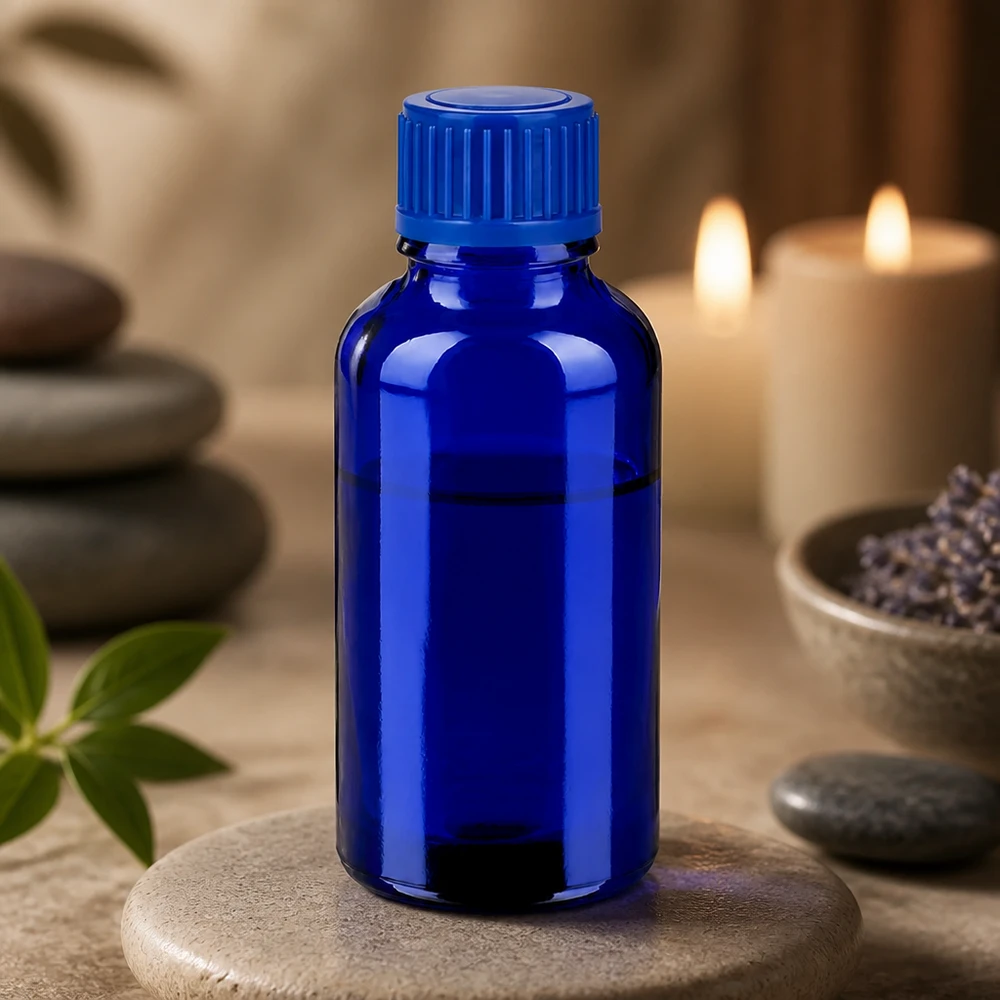 Frasco de cristal compacto de 30 ml en azul intenso para guardar las esencias de forma segura