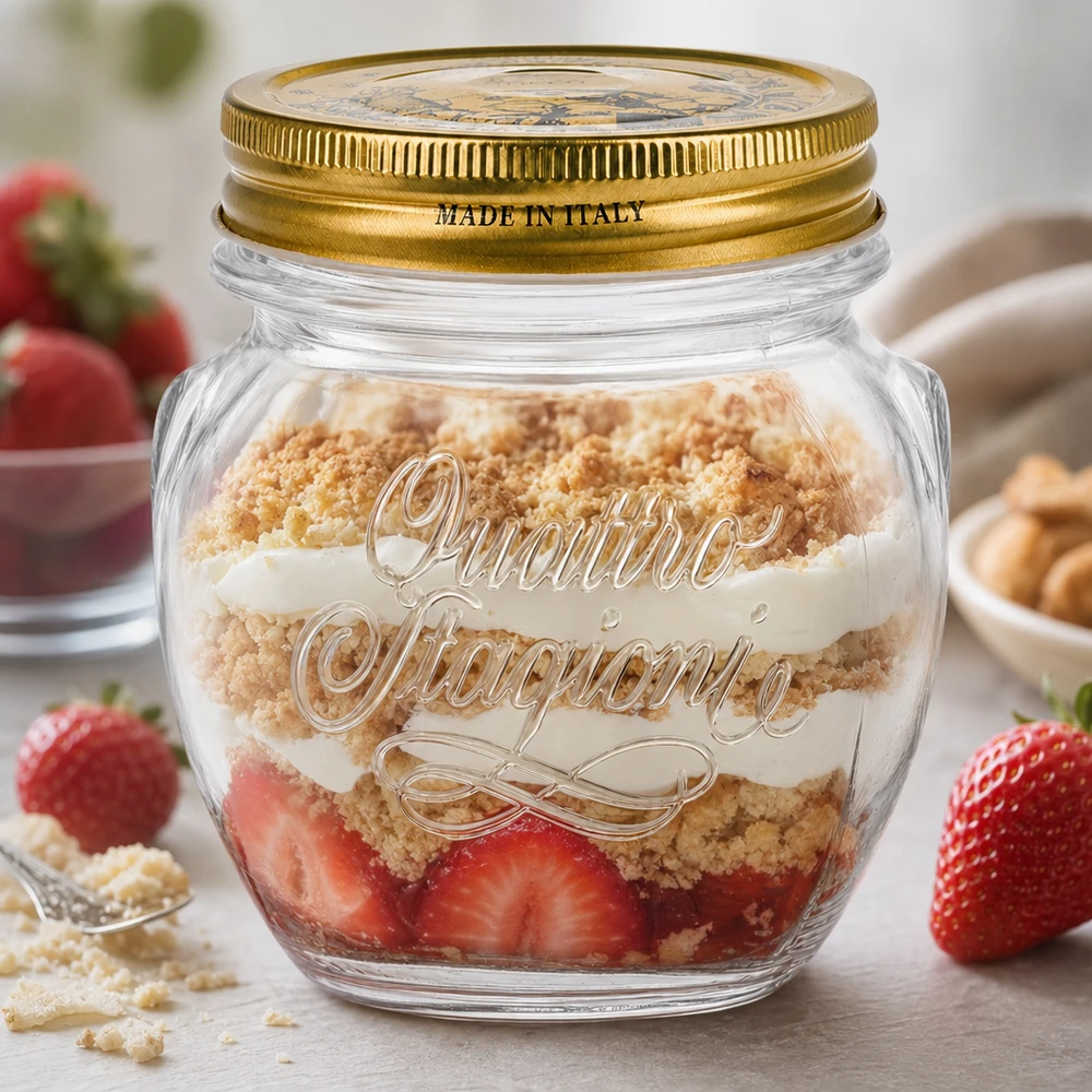 Tarro redondo "Quattro Stagioni" de 300 ml con tapa Quattro Stagioni Vaso redondo de 300 ml con tapa dorada relleno de un postre a capas de fresas y virutas Hecho en Italia