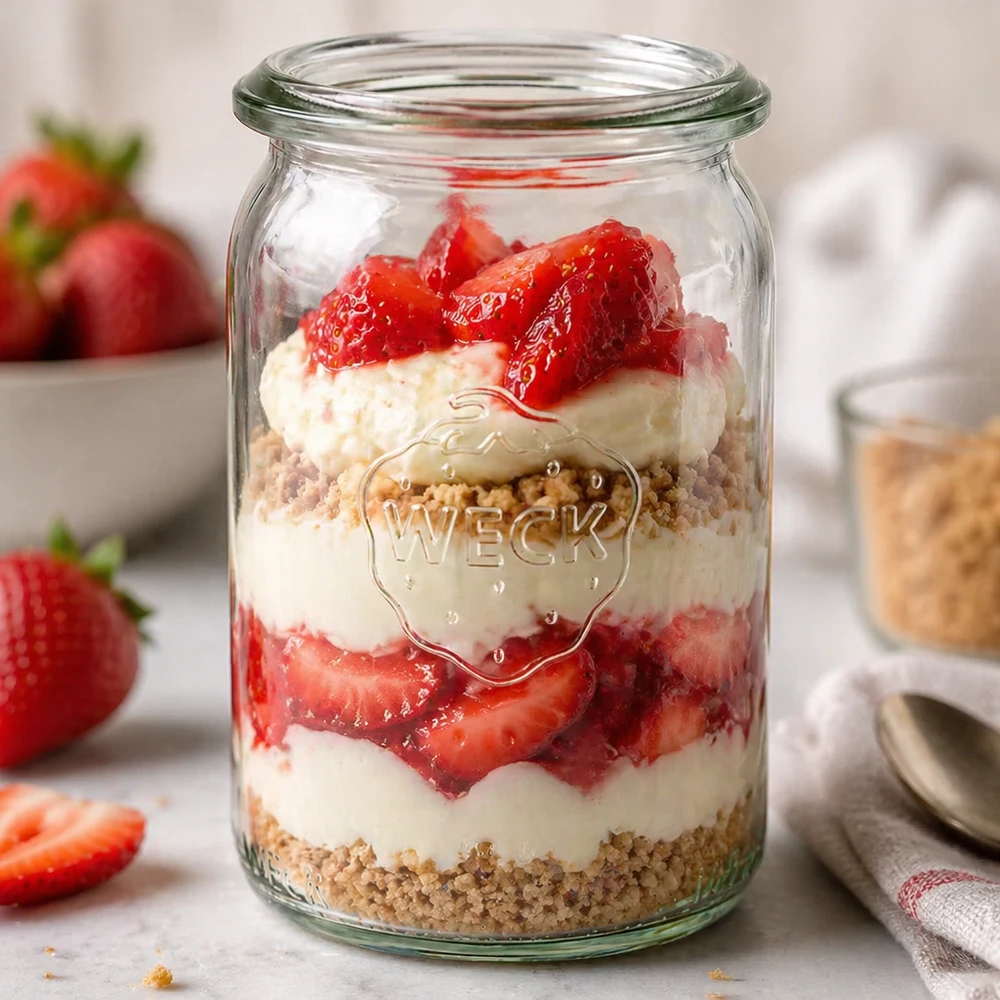 Tarro cilíndrico de 145ml WECK RR40 Tarro cilíndrico WECK RR40 145ml como tarro de postre con fresas, nata y virutas en capas sobre la encimera de la cocina