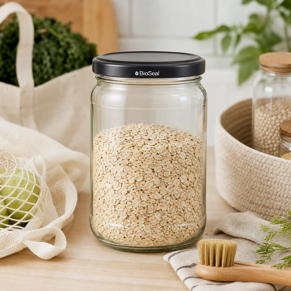Tarro redondo de 305 ml + tapa BioSeal negra UNiTWIST UNiTWIST Runda305 Vorratsglas mit Haferflocken gefüllt zeigt praktische Küchenorganisation mit schwarzem BioSeal Deckel