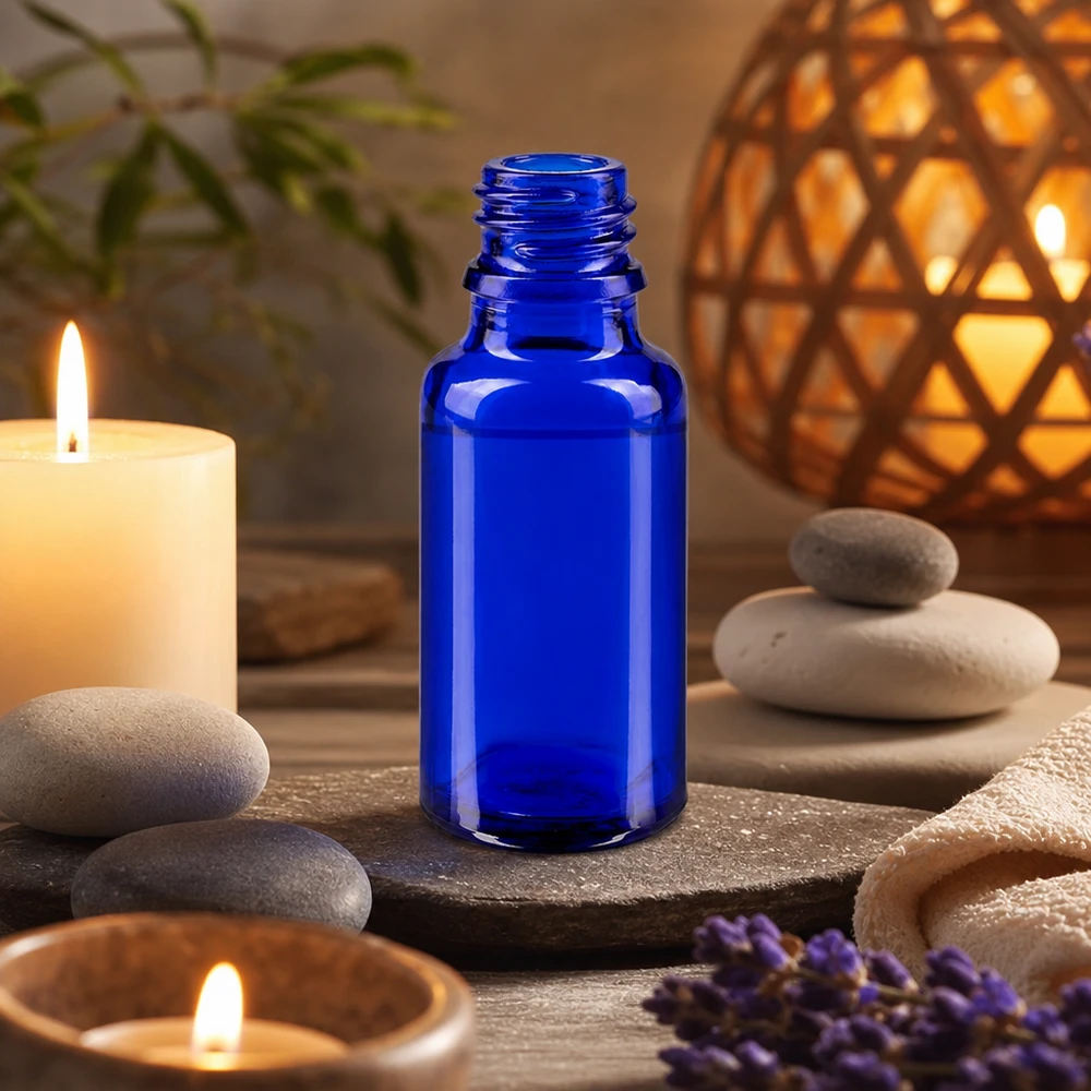 Frasco cuentagotas 20ml DIN 18 VIDRIO AZUL Frasco de farmacia 20ml en elegante ApoGlas azul para el bienestar y la relajación