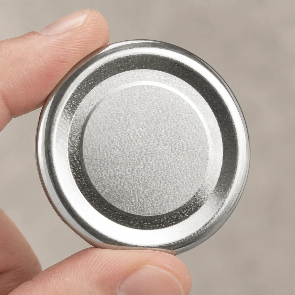 Primer plano de la tapa metálica TO48 de 48 mm, color plata brillante, BasicSeal UNiTWIST, parte inferior