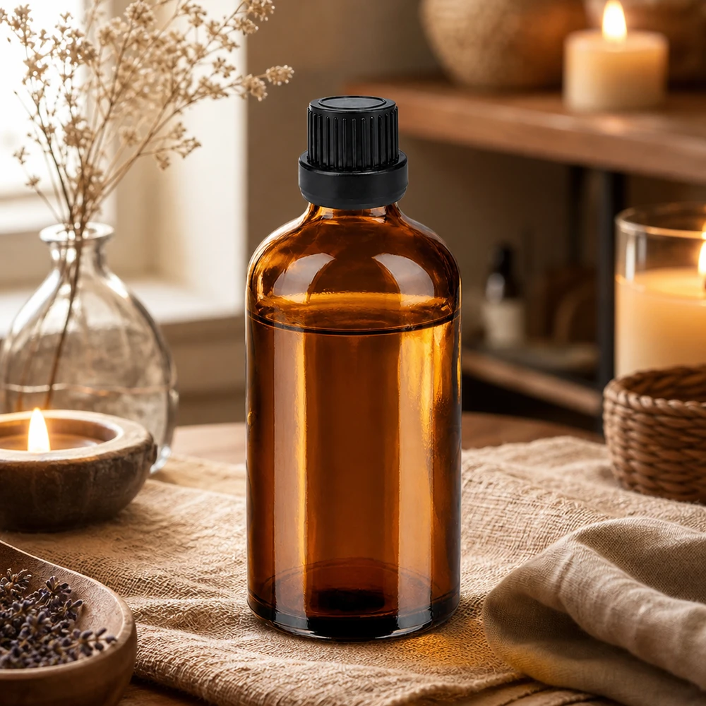 Frasco de cristal protegido de la luz de 100 ml con tapón cuentagotas negro para guardar los aceites de forma segura