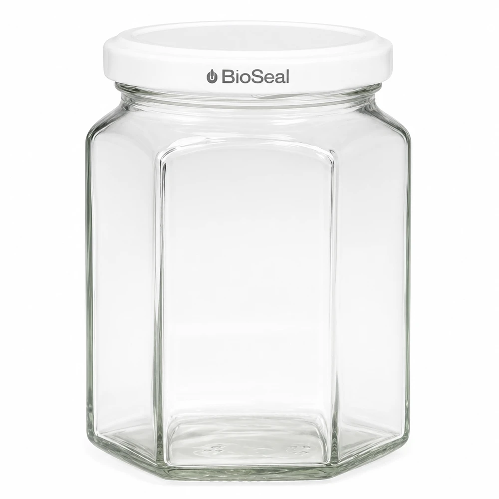 Tarro de conserva hexagonal UNiTWIST Hexa288 con tapa blanca TO63 BioSeal para mermeladas y conservas