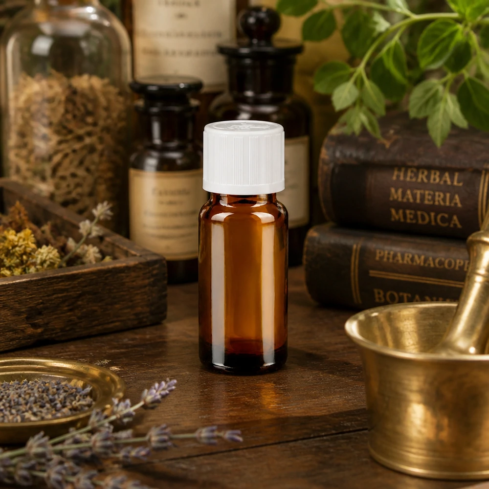 Botella de farmacia marrón 10ml tapón de rosca blanco a prueba de niños estándar Frasco de farmacia marrón de 10 ml con tapón KiSi blanco de 11 mm, inspirado en los libros históricos de hierbas medicinales