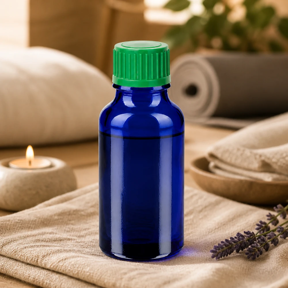 Botella de vidrio de 20 ml de color azul con tapón de rosca verde para almacenar líquidos de forma segura