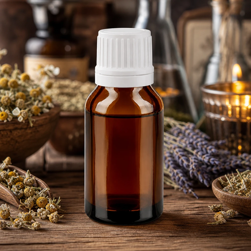 Botella de farmacia marrón 15ml tapón cuentagotas 1,2mm blanco cierre inviolable Frasco de aceite esencial de 15 ml de cristal ámbar con tapón cuentagotas blanco, junto a manzanilla y lavanda secas