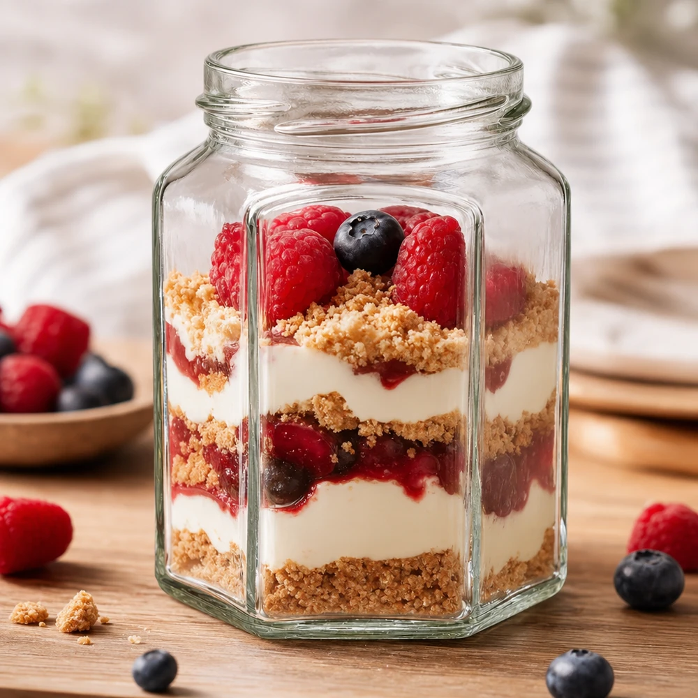 Tarro hexa de 288ml sin tapa (TO63) UNiTWIST Sechseckiges Einmachglas 288ml mit Dessert-Schichtung aus Beeren und Creme - perfekt für Mason Jar Rezepte und Aufbewahr