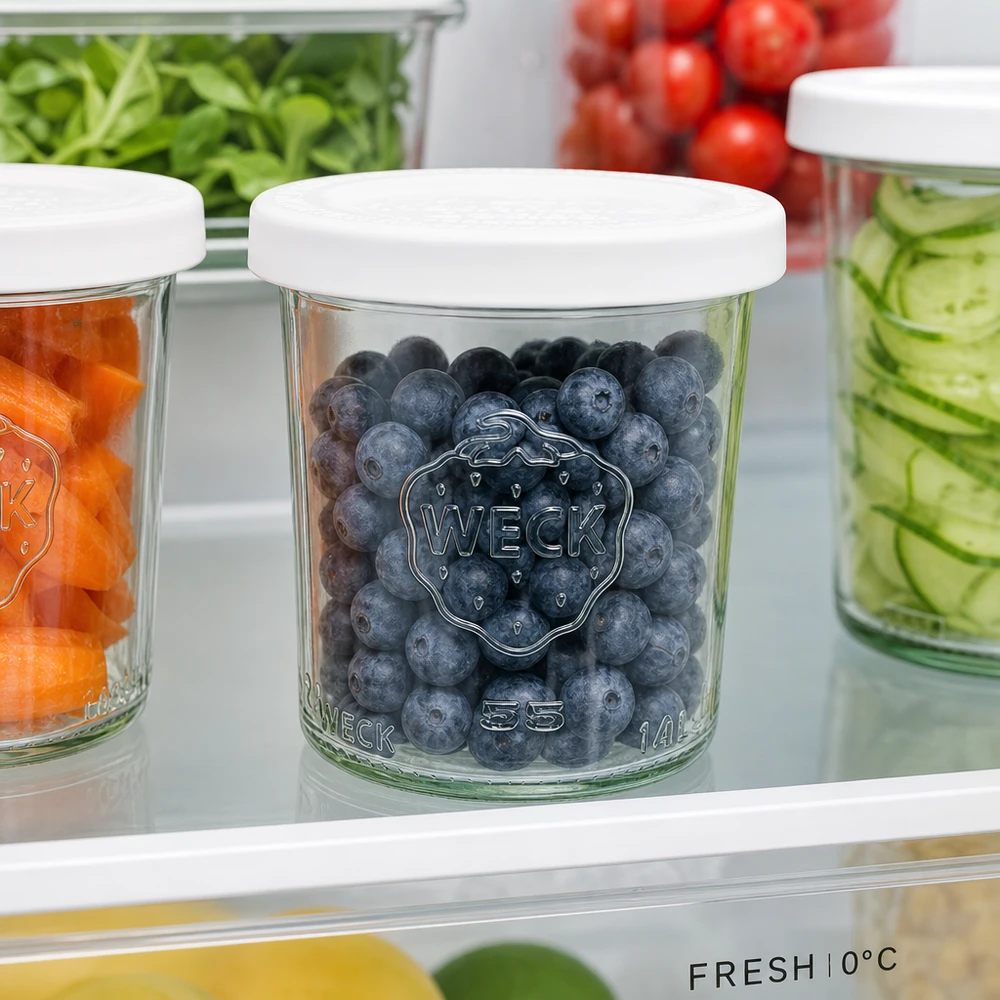 Vasos RR60 WECK de 140 ml con arándanos en el frigorífico: ideales para mantener la fruta y los alimentos frescos