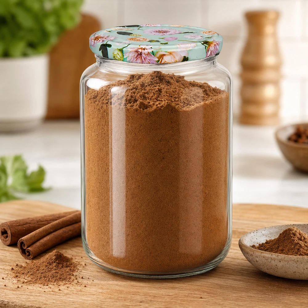 Tarro redondo de 795 ml con tapa de flor de menta lleno de canela en polvo, palitos de canela y cuenco sobre tabla de madera al lado