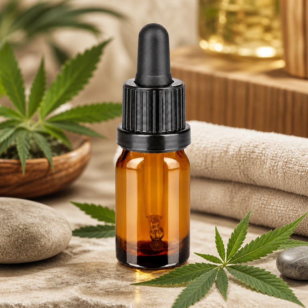 Pequeño frasco pipeta de 5 ml con tapón negro para el uso móvil de aceites de CBD y cáñamo