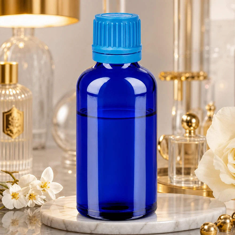 Frasco de cristal azul de 50 ml con tapón de rosca turquesa ideal para sueros cosméticos y tinturas