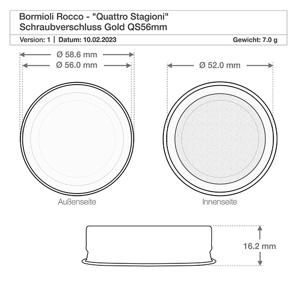 Frasco de cristal de 1000ml "Quattro Stagioni" con tapa Dibujo técnico Bormioli Rocco Quattro Stagioni tapón de rosca de oro QS56mm con dimensiones y peso