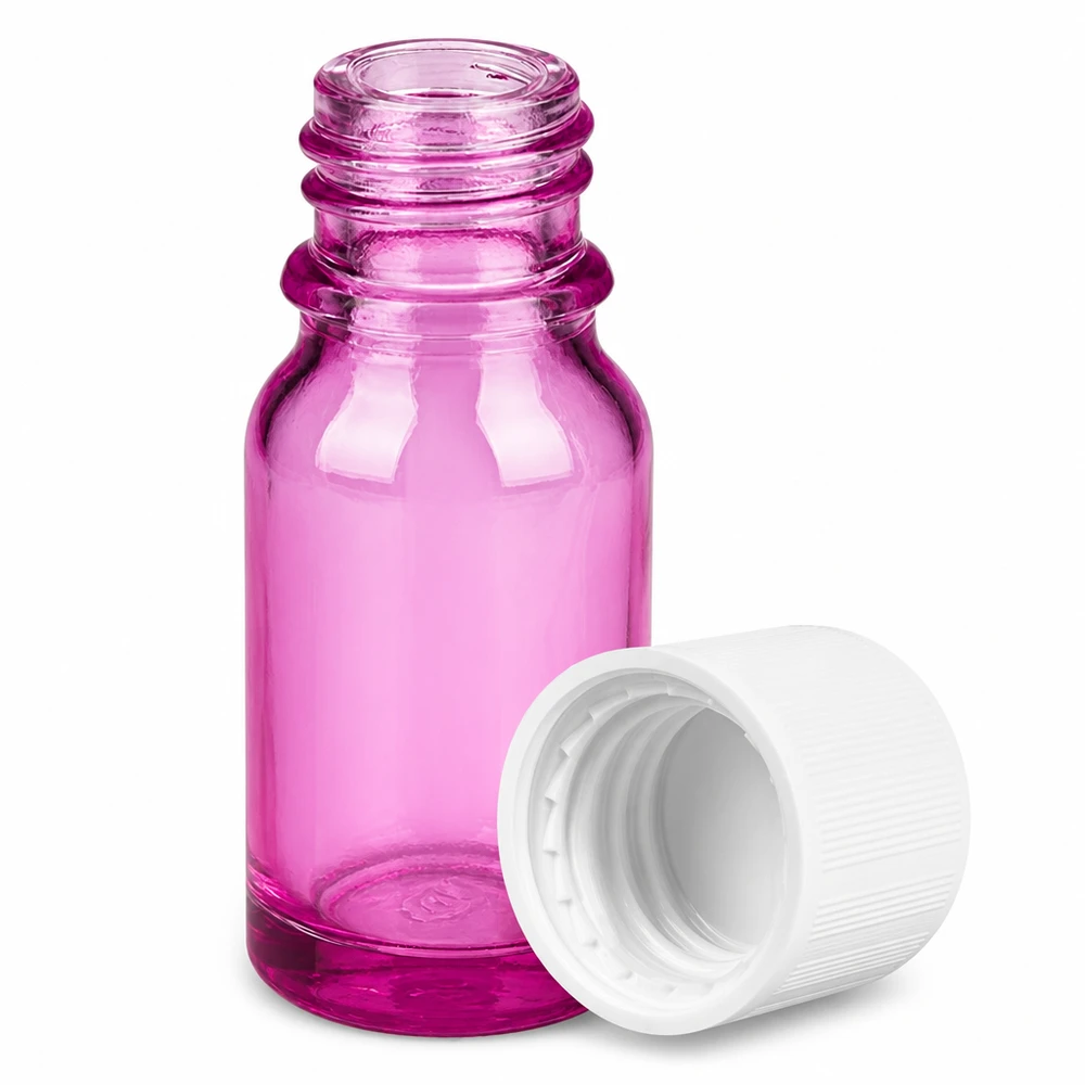 Botella de 10ml con tapón de rosca blanco de 11mm a prueba de manipulaciones PurpleLine UT18/10 Pequeño frasco de vidrio violeta de 10 ml con abertura de 11 mm y tapón blanco para aromaterapia