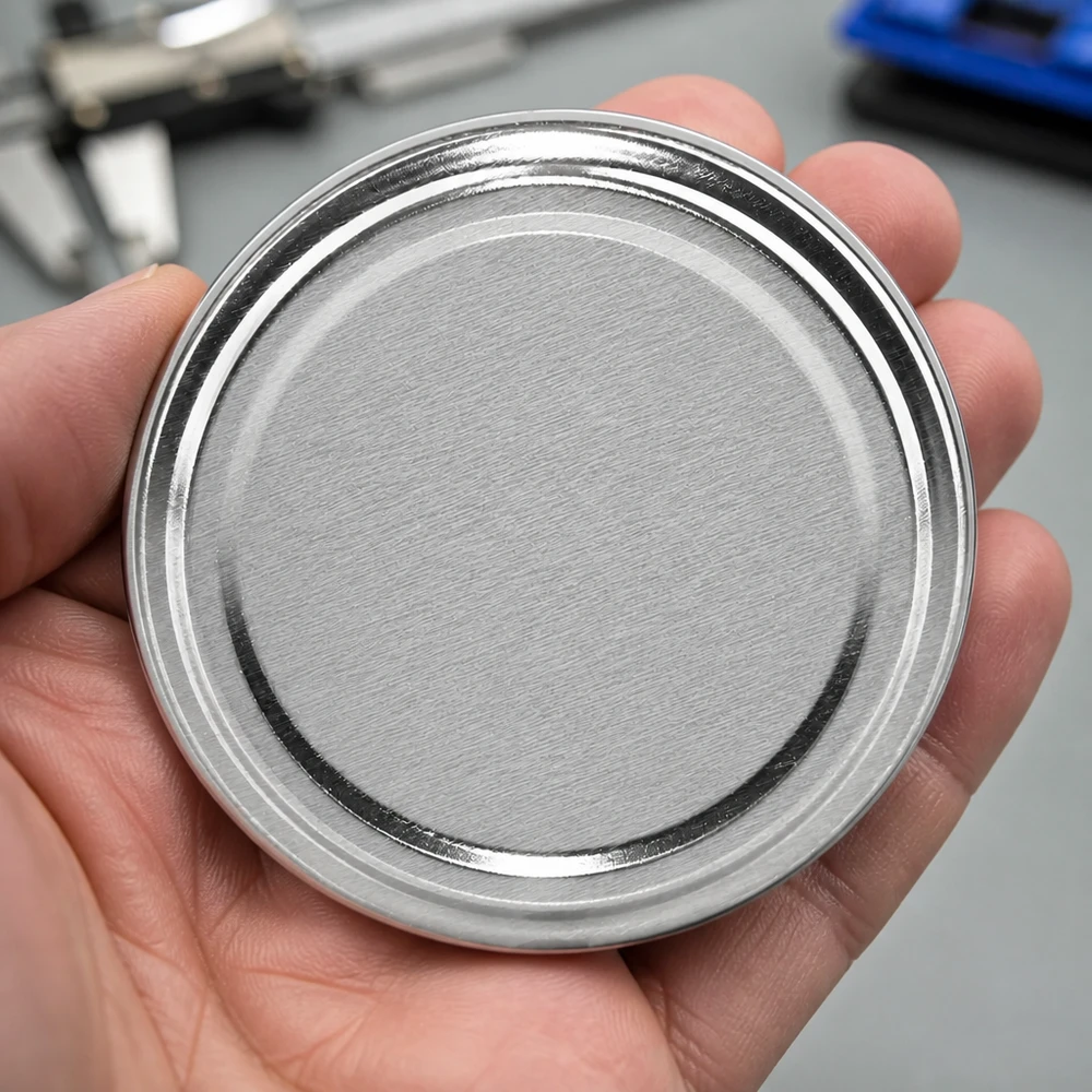 Tapa BasicSeal de 58 mm, color plata (TO58) UNiTWIST Primer plano de una mano sosteniendo una tapa redonda plateada TO58 de 58 mm, modelo BasicSeal UniTwist