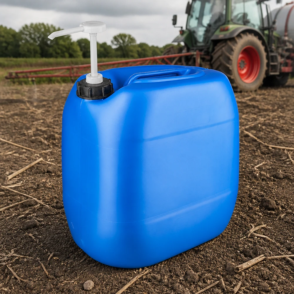 Bidón azul de 30 litros con bomba dosificadora en un campo agrícola, delante de un tractor Fendt verde