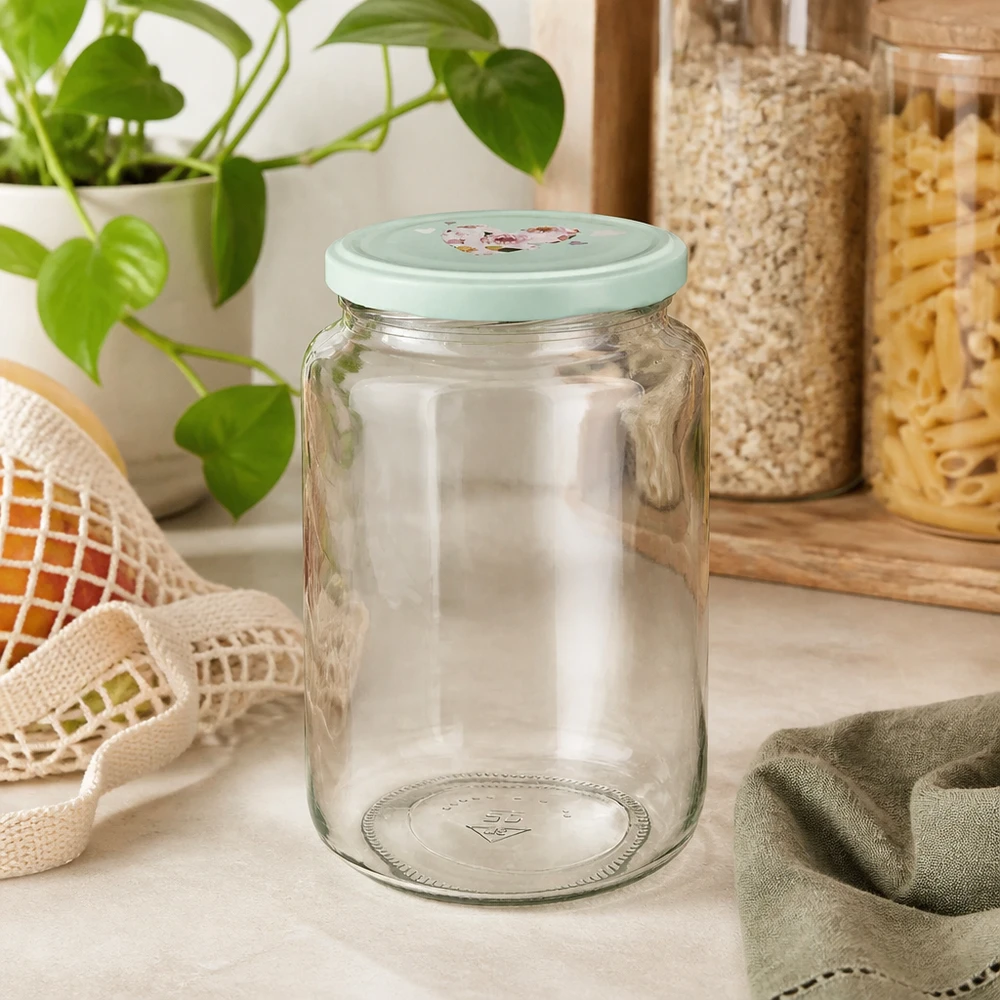 Tarro redondo de 795 ml con tapa BasicSeal de menta en forma de corazón en la encimera de la cocina junto a recipientes de almacenaje y una planta verde
