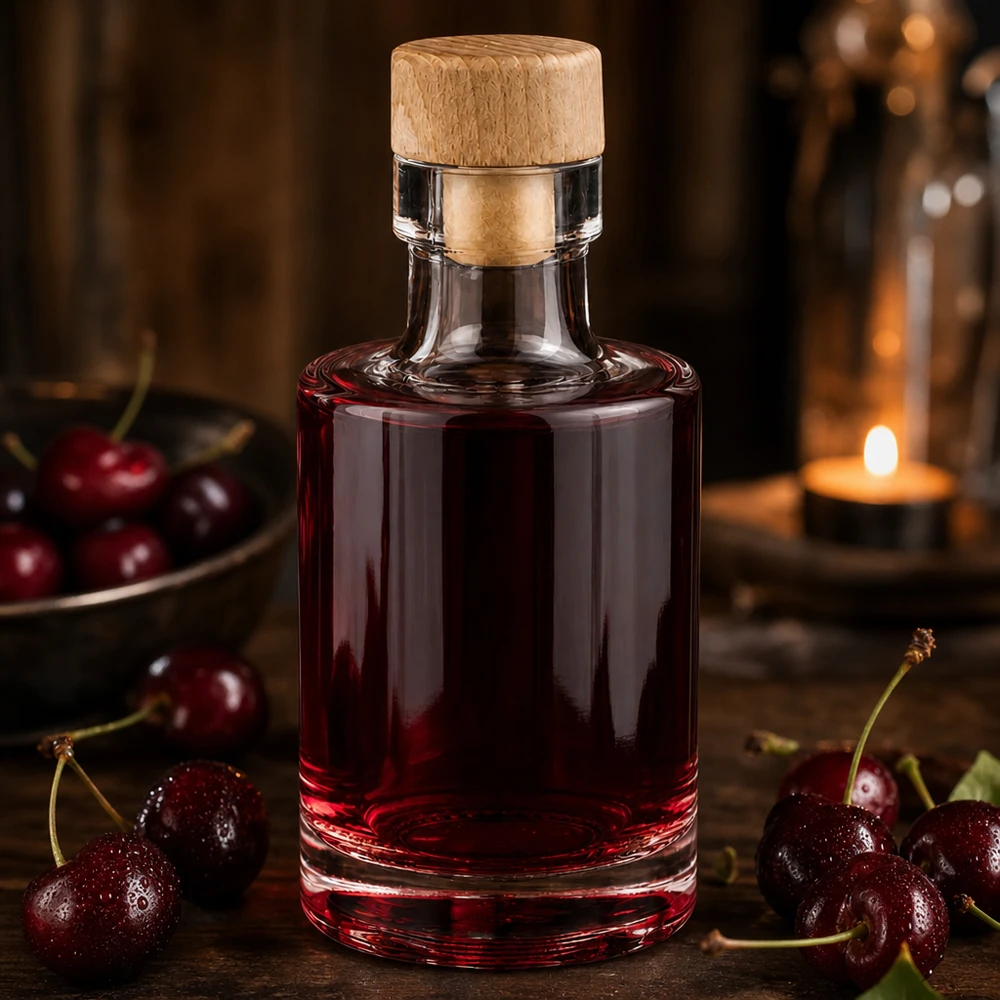Botella de vidrio de 100 ml «Marie» con tapón de corcho con asa de madera UNiTWIST® 100ml Glasflasche Marie mit Holzkorken gefüllt mit Kirschlikör umgeben von frischen Kirschen bei warmem Kerzenlicht